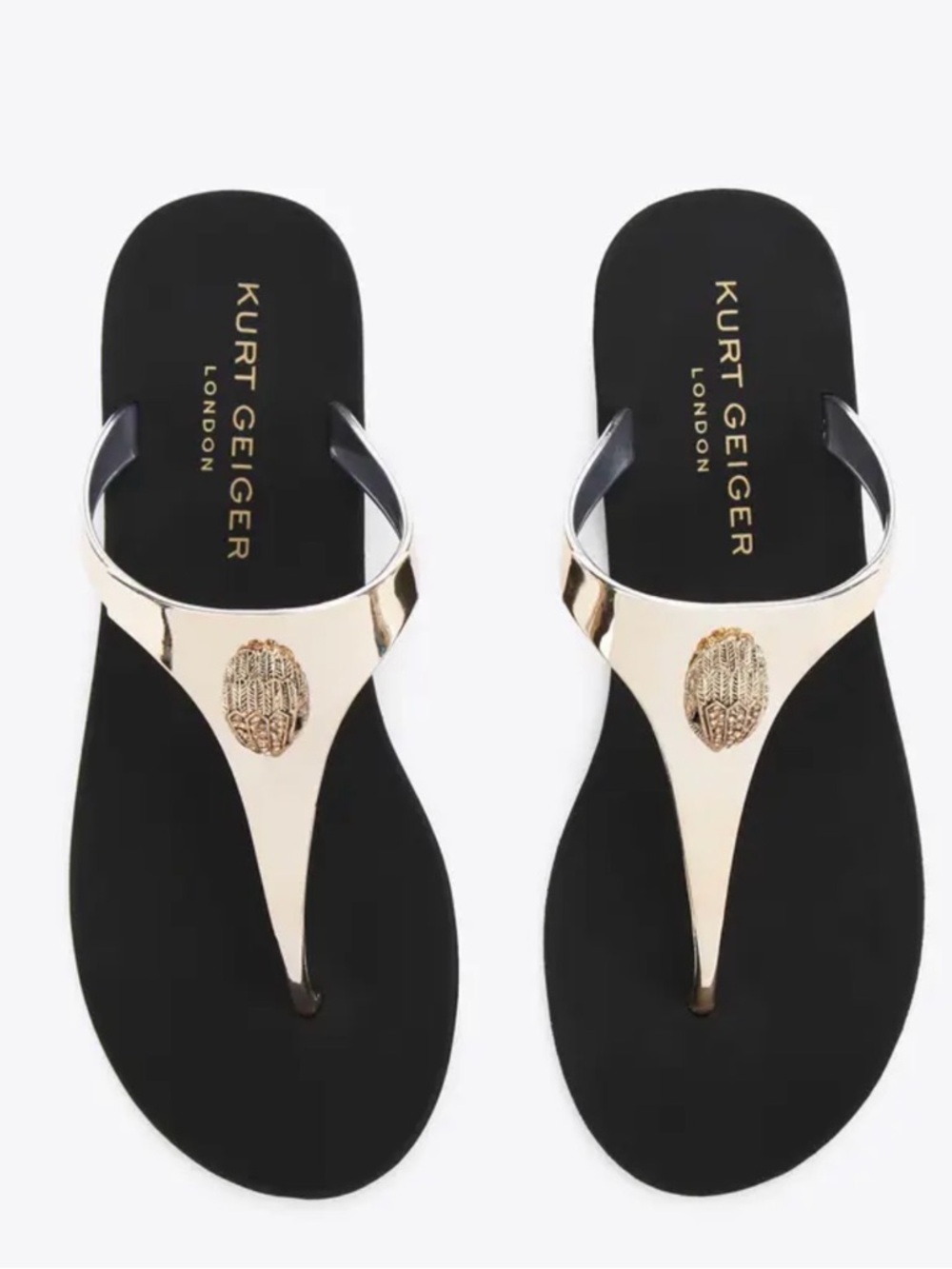 Kurt Geiger Maddison Metallic Gold Thong Sandals with Black Footbed size 6